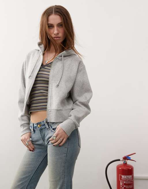 Monki – Zapinana na zamek bluza z kapturem o krótkim fasonie w szarym melanżowym kolorze 