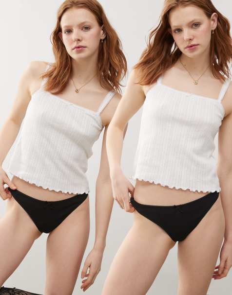 Monki 2 pack soft pointelle thongs with small bows in black