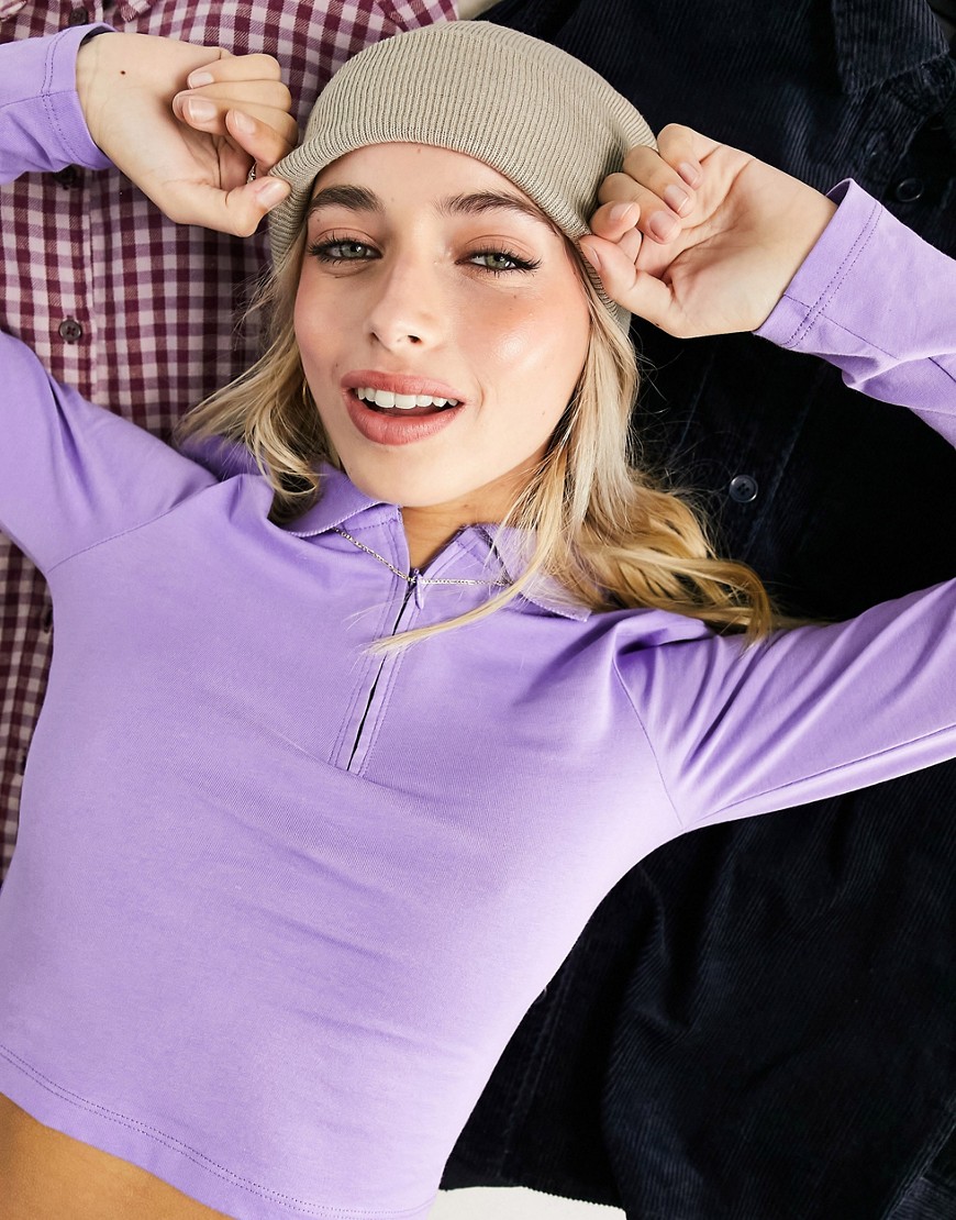 Monki zip front collared top in lilac-Purple