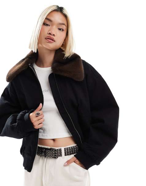 Monki zip front jacket in black with contrast faux fur collar - view 1