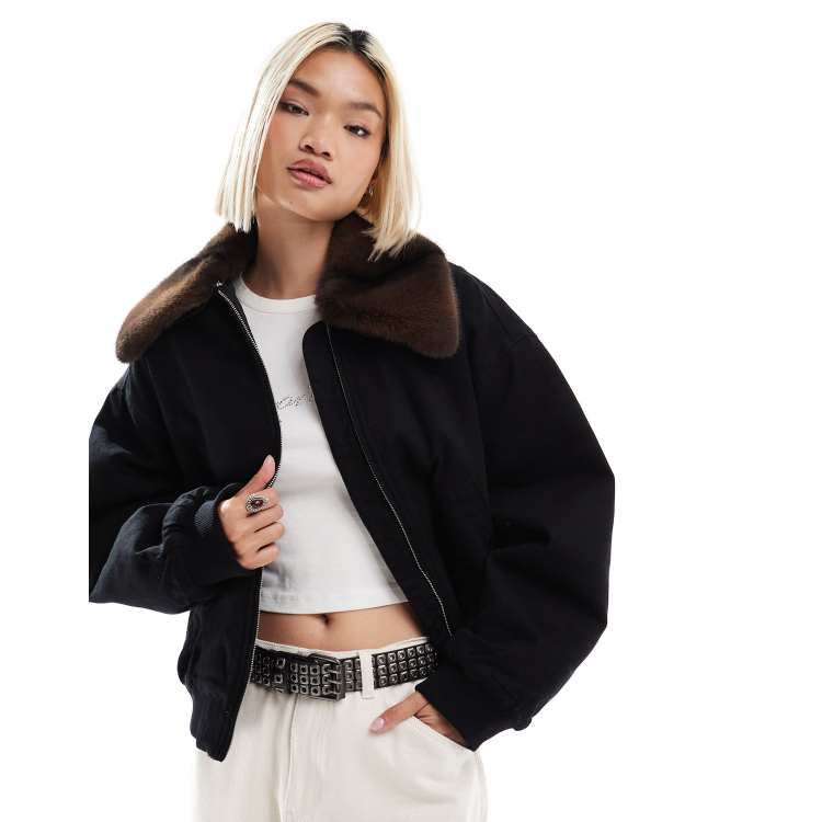 Monki zip front jacket in black with contrast faux fur collar ASOS