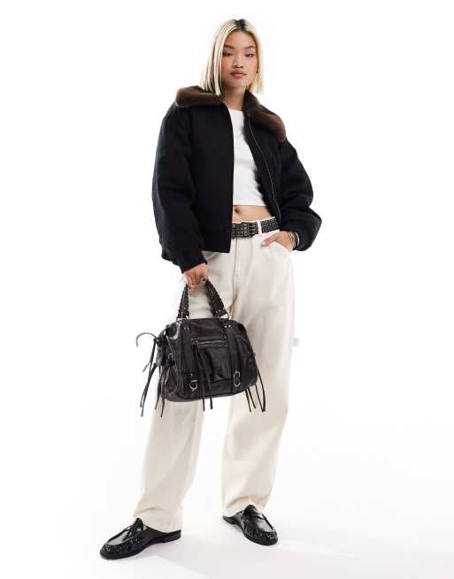 Monki zip front jacket in black with contrast faux fur