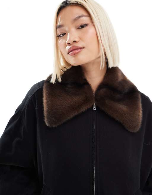 Monki zip front jacket in black with contrast faux fur collar