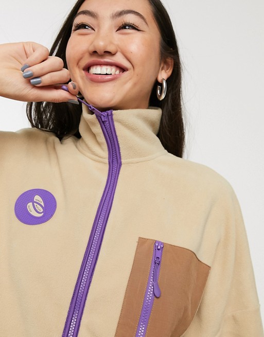 Monki recycled polyester zip through fleece jacket in beige
