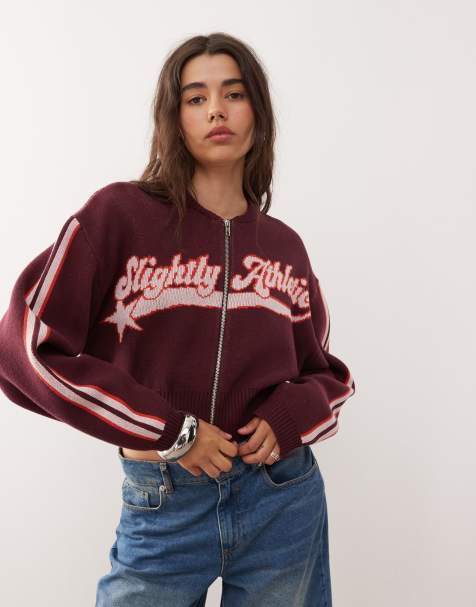 Monki zip through knitted bomber cardigan in burgundy with 'slightly athletic' sporty graphic - view 1