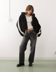 Monki zip through teddy hooded jacket in black