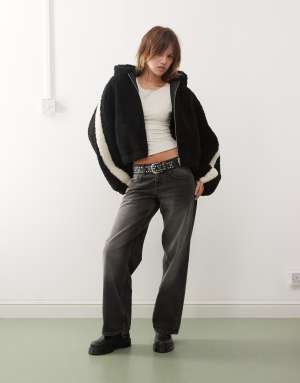 Monki zip through teddy hooded jacket in black