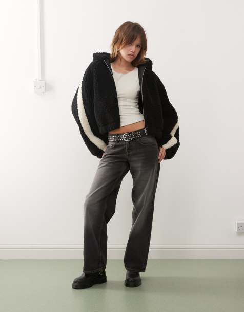 Monki zip through teddy hooded jacket in black 