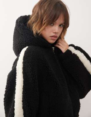Monki Zip Through Teddy Hooded Jacket In Black