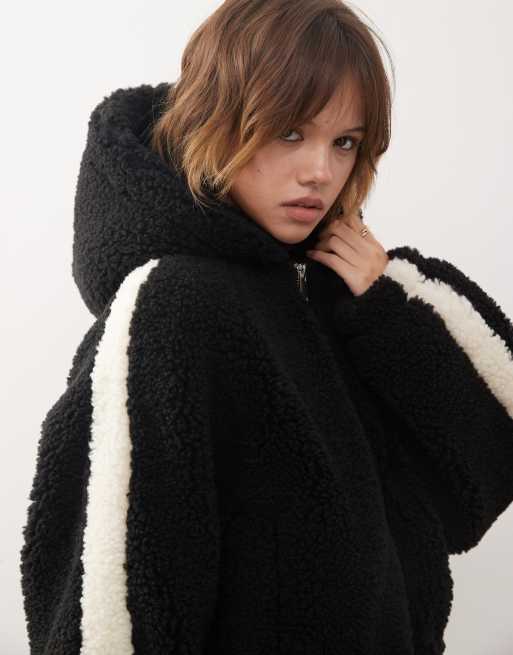 Monki zip through teddy hooded jacket in black ASOS