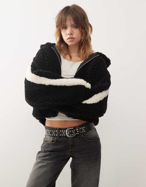 Monki zip through teddy hooded jacket in black , 3 of 4
