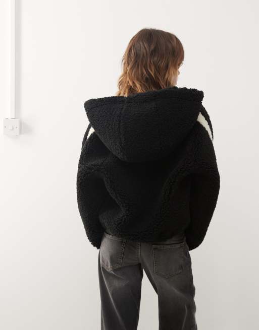 Monki zip through teddy hooded jacket in black ASOS