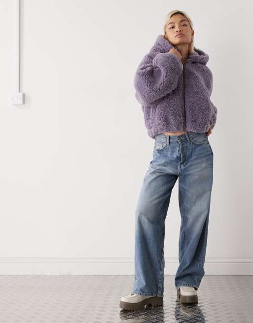 Monki zip through teddy hooded jacket in lilac grey , 3 of 4