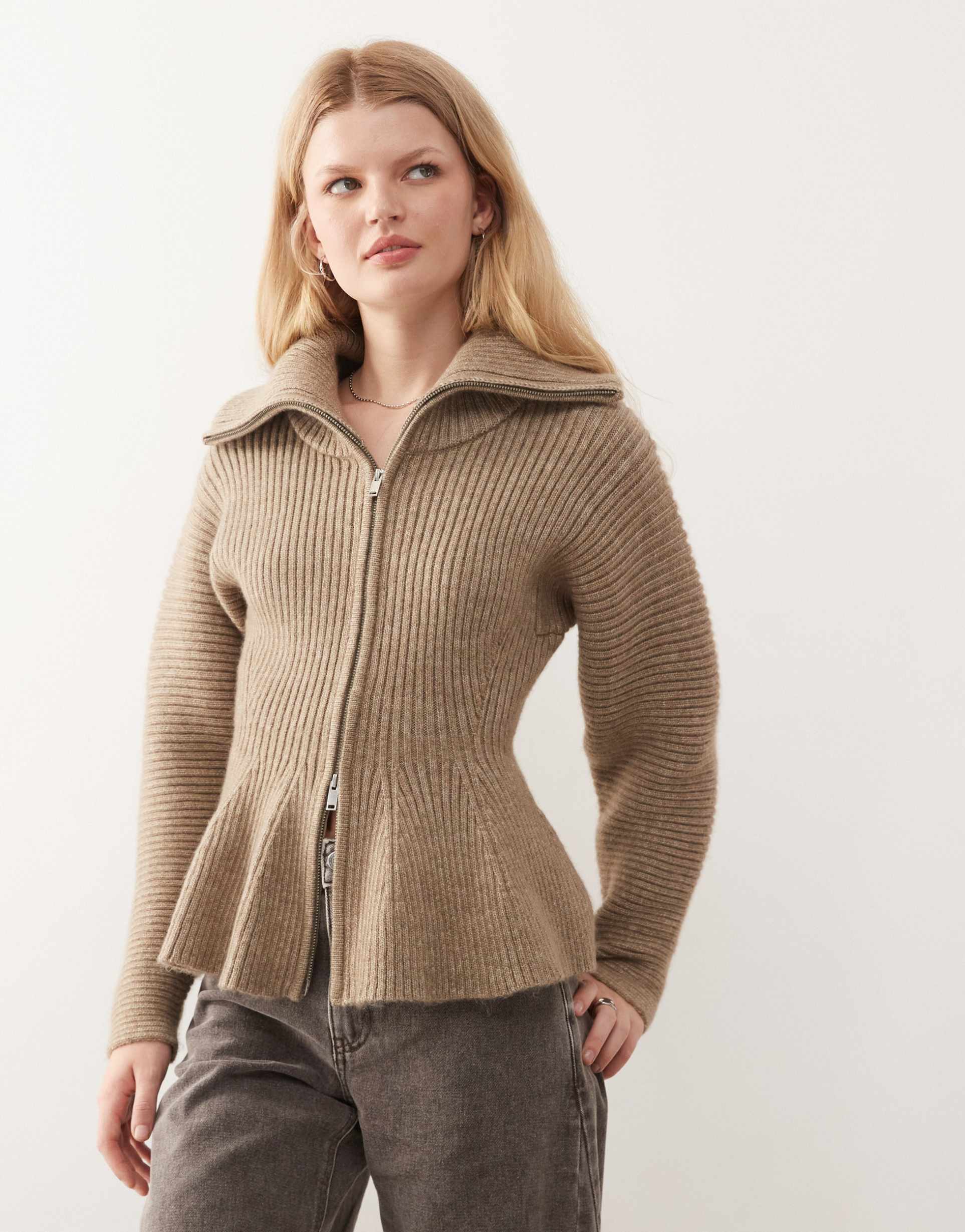 monki zip up cardigan with oversized collar and peplum hem in light brown