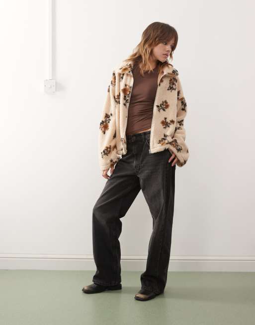 Monki zip up fleece jacket in beige floral | ASOS