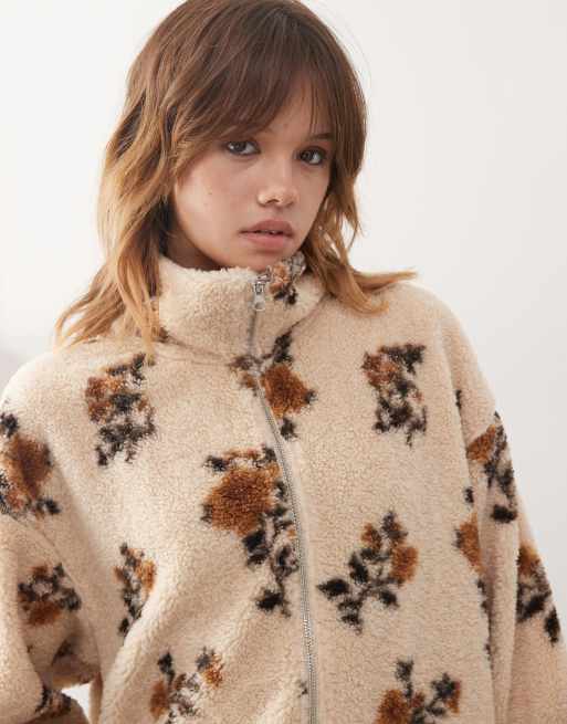 Monki zip up fleece jacket in beige floral | ASOS