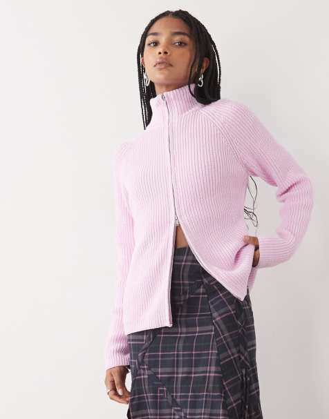 Monki zip up knit cardigan in dusty pink - view 1