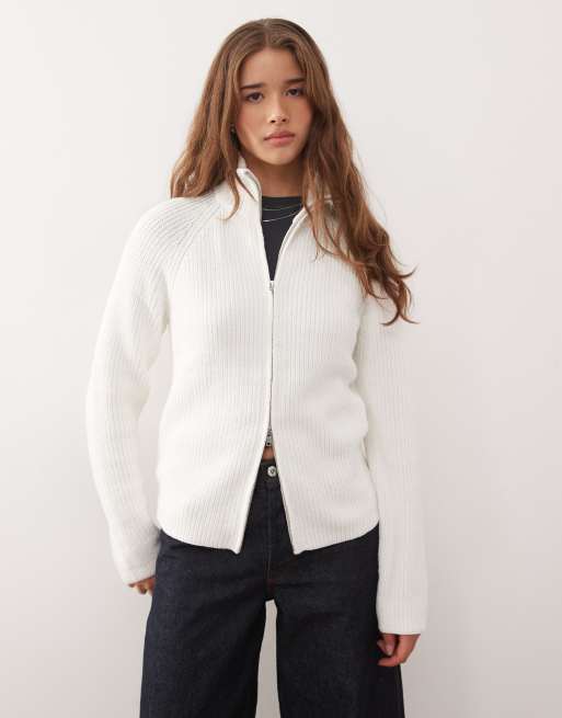 Monki zip up knit cardigan in ecru
