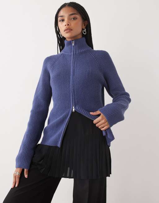 Monki zip up knit cardigan in petrol blue