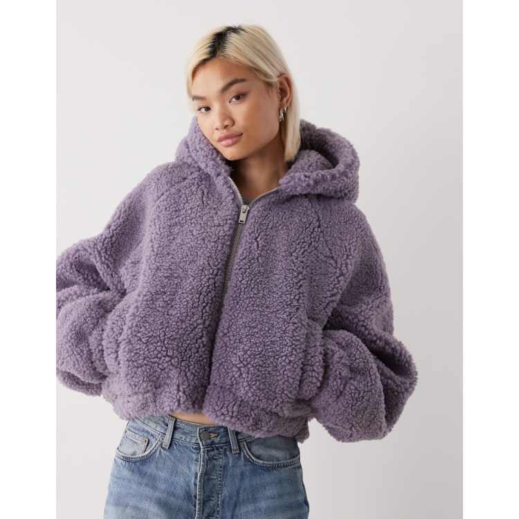 Monki zip up teddy hooded jacket in lilac gray | ASOS