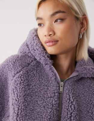 Monki Zip Up Teddy Hooded Jacket In Purple