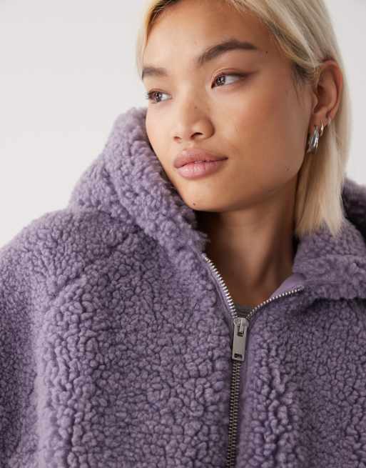 Monki zip up teddy hooded jacket in lilac gray