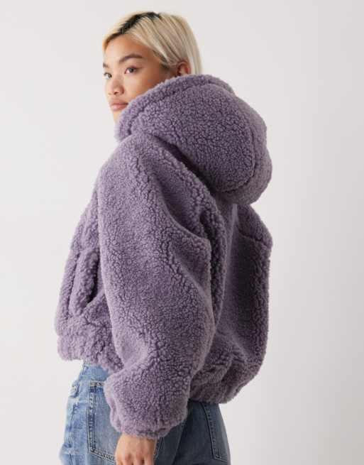 Monki zip up teddy hooded jacket in lilac gray