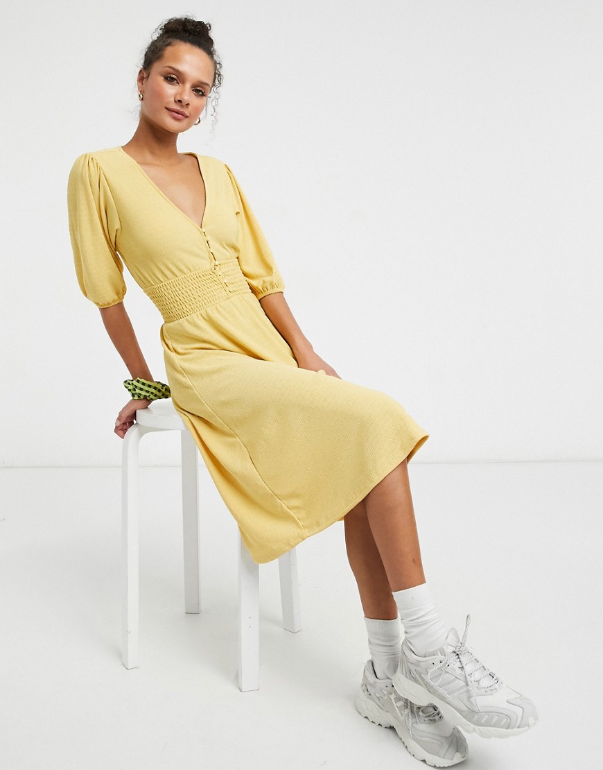 Monki Zoey Shirred Waist Midi Dress In Yellow