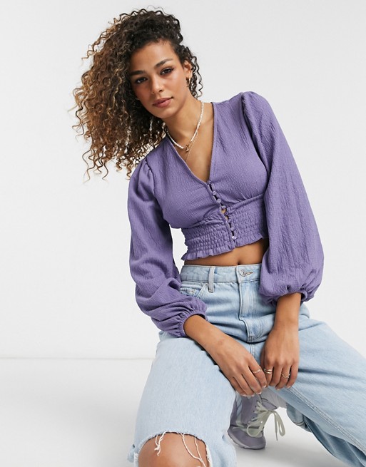 Monki Zoey smocked waist jersey blouse in purple