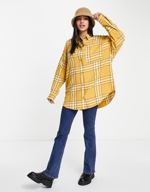 Monki – Żółta, flanelowa koszula z bawełny w kratę – YELLOW, 2 z 4