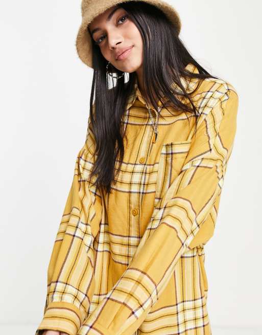 Monki – Żółta, flanelowa koszula z bawełny w kratę – YELLOW, 4 z 4