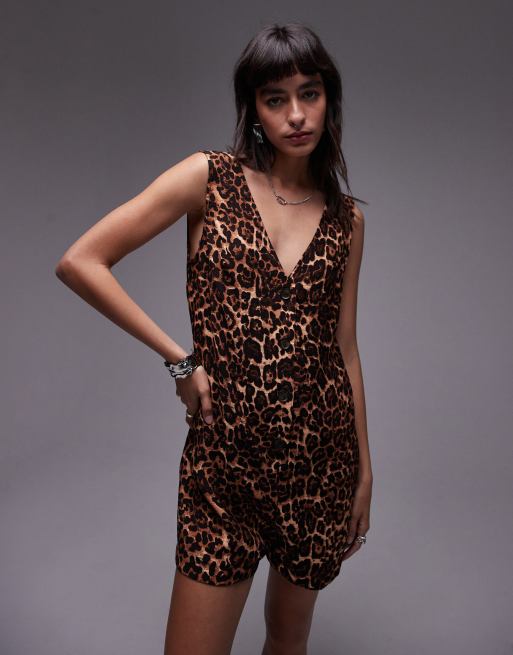 Estampado Leopardo Mono De Leopardo Mono Corto Abotonado Con