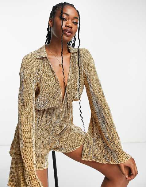 Mono corto escotado con estampado geométrico y cuello estilo años 70 de tejido plisado de ASOS DESIGN - view 1