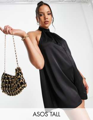 Mono corto negro con cuello halter de satén de ASOS DESIGN Tall