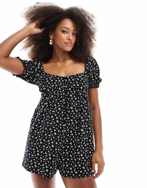 Mono corto oscuro fruncido con estampado y mangas abullonadas de Miss Selfridge, 3 de 4