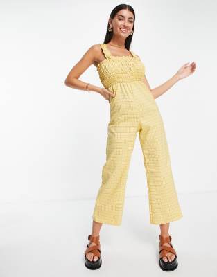 Mono largo a cuadros con cintura fruncida de pernera ancha de Fashion Union