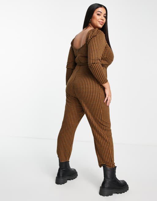 Mono largo a cuadros vichy con mangas abullonadas, pernera pitillo y lazada en la parte delantera de ASOS DESIGN Curve, 4 de 4