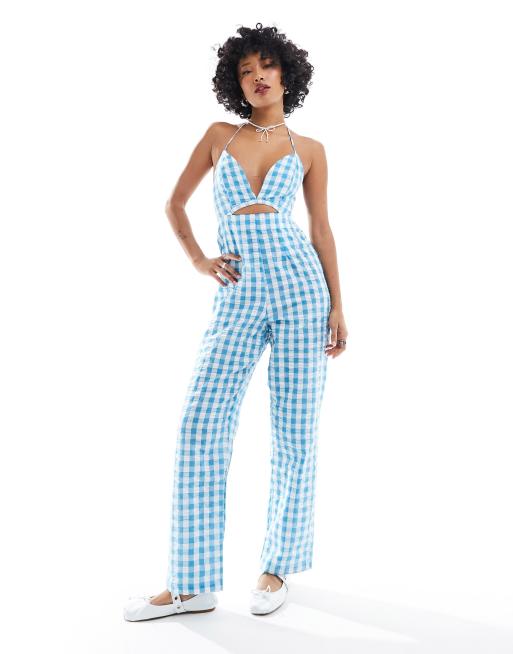 Mono largo azul a cuadros vichy con cuello halter y detalle de aberturas de Only , 2 de 4