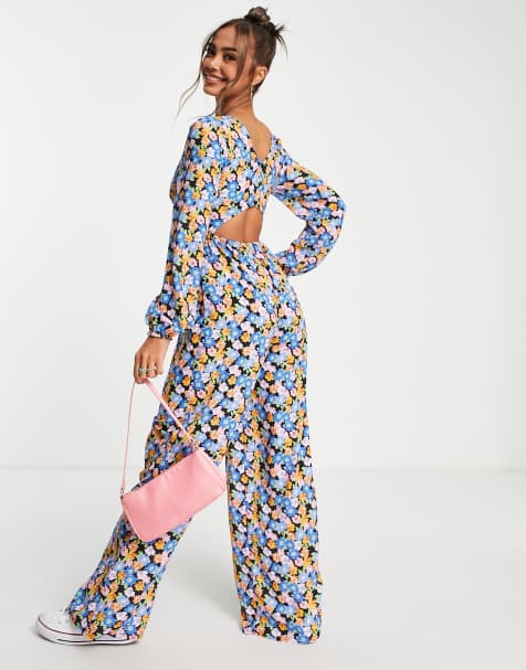 Mono largo azul de manga larga con estampado floral y botones en la espalda de crepé texturizado de ASOS DESIGN - view 1