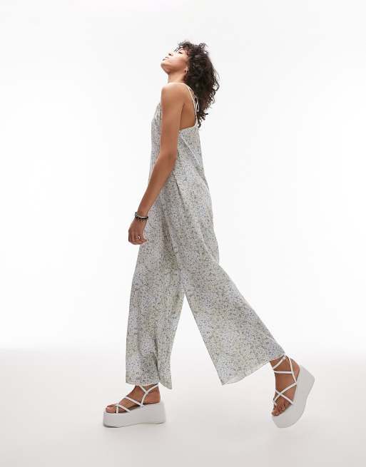 Mono largo azul extragrande con estampado floral y cordones en la espalda de Topshop