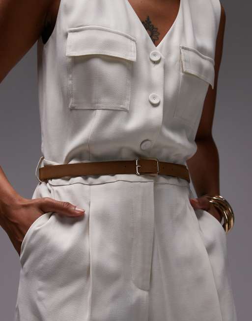 Mono largo blanco con cuerpo estilo chaleco y cinturón de tejido efecto lino de Mango