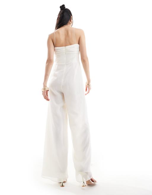 Mono largo blanco marfil de pernera ancha con lazada delantera y detalle tipo corse de chifon de ASOS DESIGN