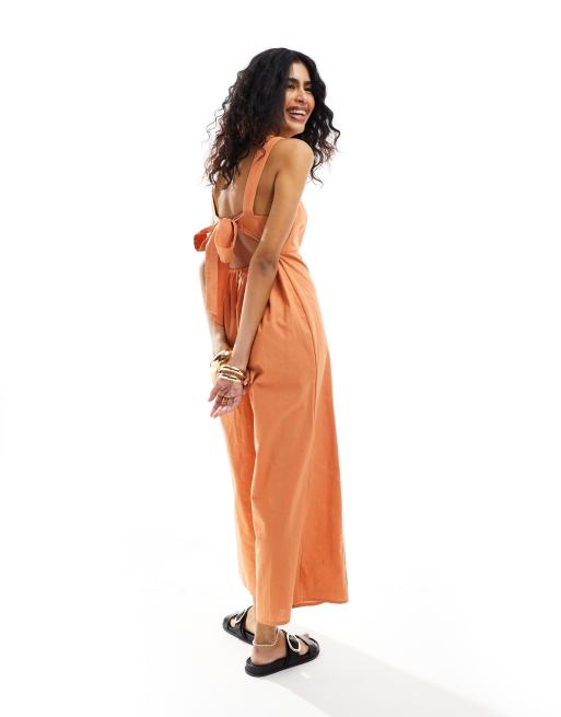 Mono largo capri color teja con lazada en la espalda de tejido efecto lino de ASOS DESIGN