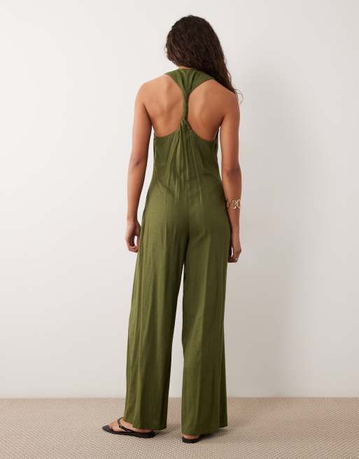 Mono largo caqui de pernera ancha con detalle retorcido en la espalda de ASOS DESIGN, 3 de 4