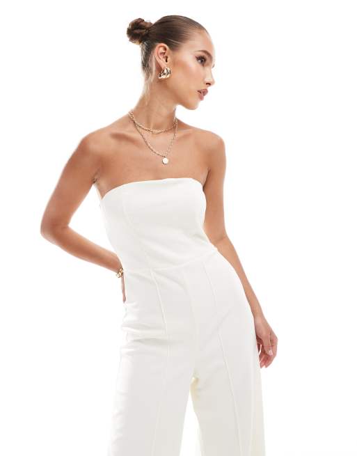 Mono largo color crema de pernera ancha con escote palabra de honor de River Island, 4 de 4