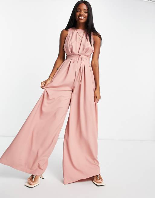 Mono largo color topo con falda pantalon cintura cenida y espalda de nadadora de ASOS DESIGN ASOS