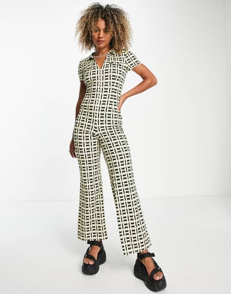 Mono largo con estampado geométrico, solapas y cremallera delantera de estilo años 70 de canalé de ASOS DESIGN - view 1