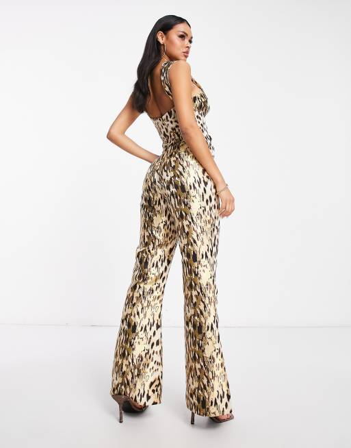 Mono largo de campana con diseño tipo corsé y estampado animal de jacquard de ASOS Luxe, 2 de 4