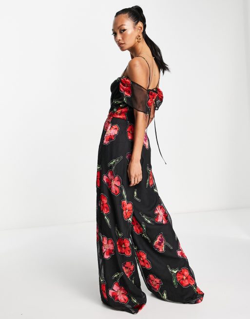 Mono largo de pernera ancha con cuello desbocado y estampado floral devoré de ASOS DESIGN, 3 de 4