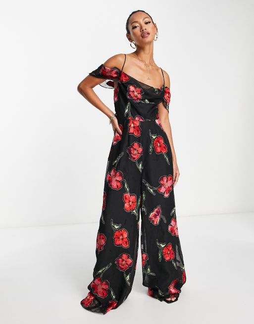 Mono largo de pernera ancha con cuello desbocado y estampado floral devoré de ASOS DESIGN, 4 de 4